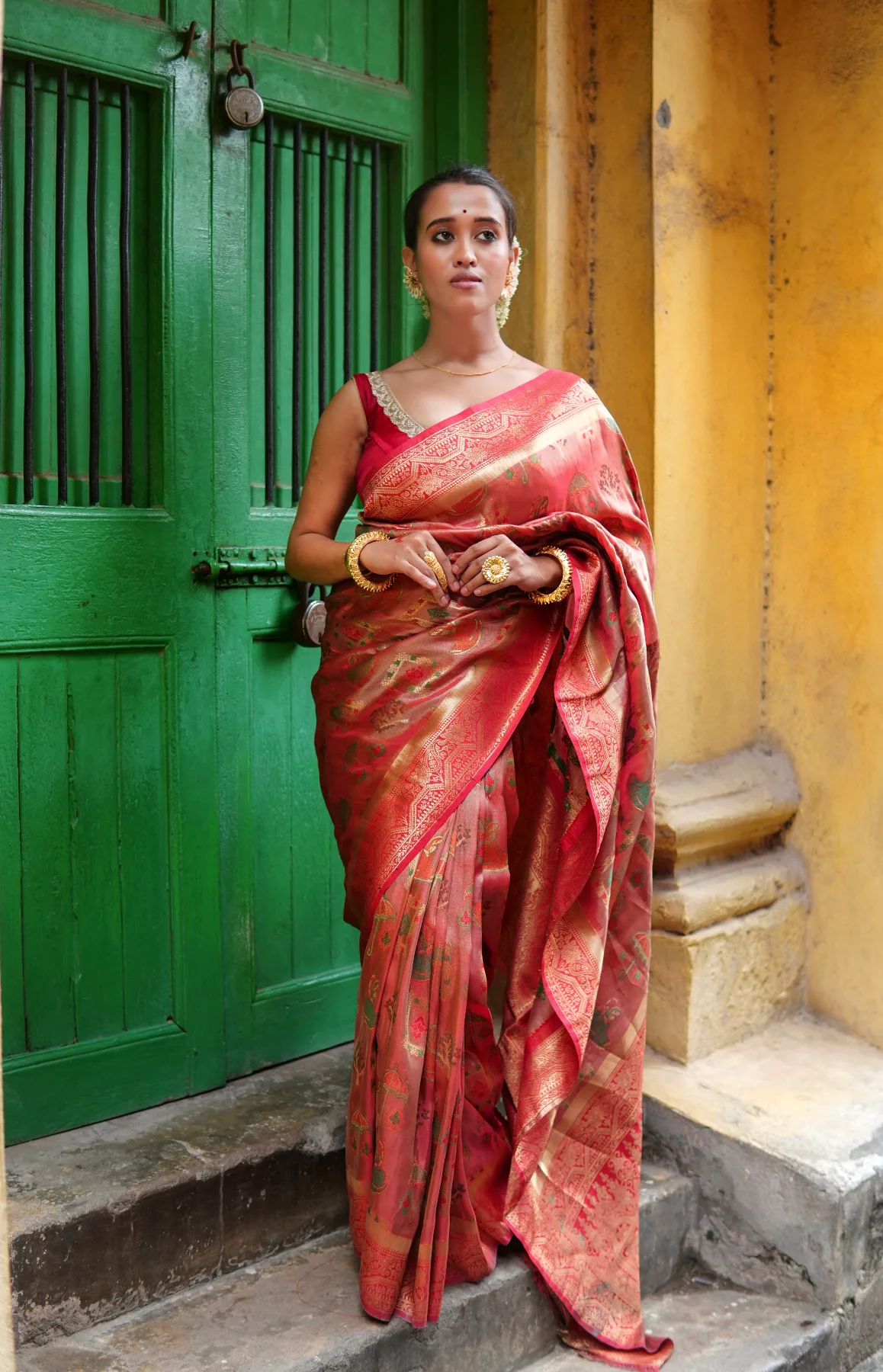 Soma Peach Color Tissue Silk Saree With Varli Weaving image 3
