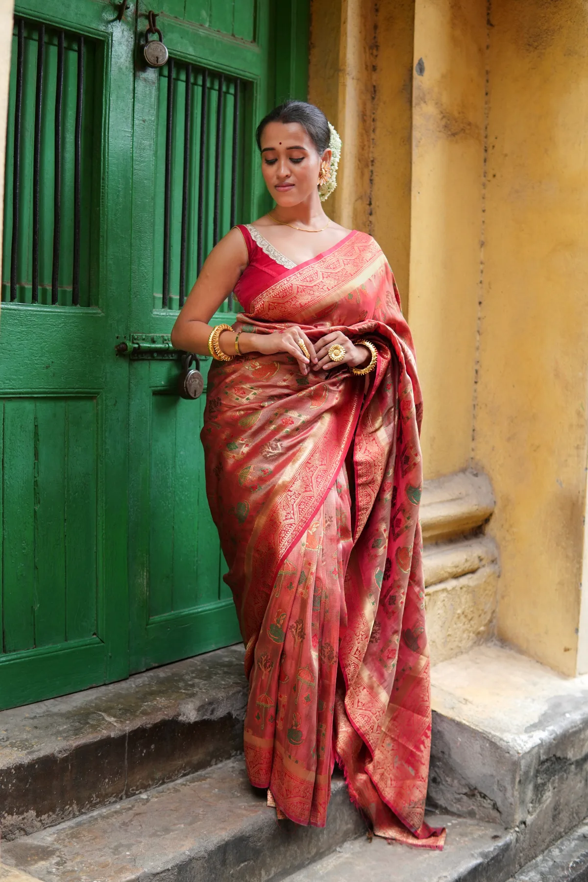 Soma Peach Color Tissue Silk Saree With Varli Weaving image 5