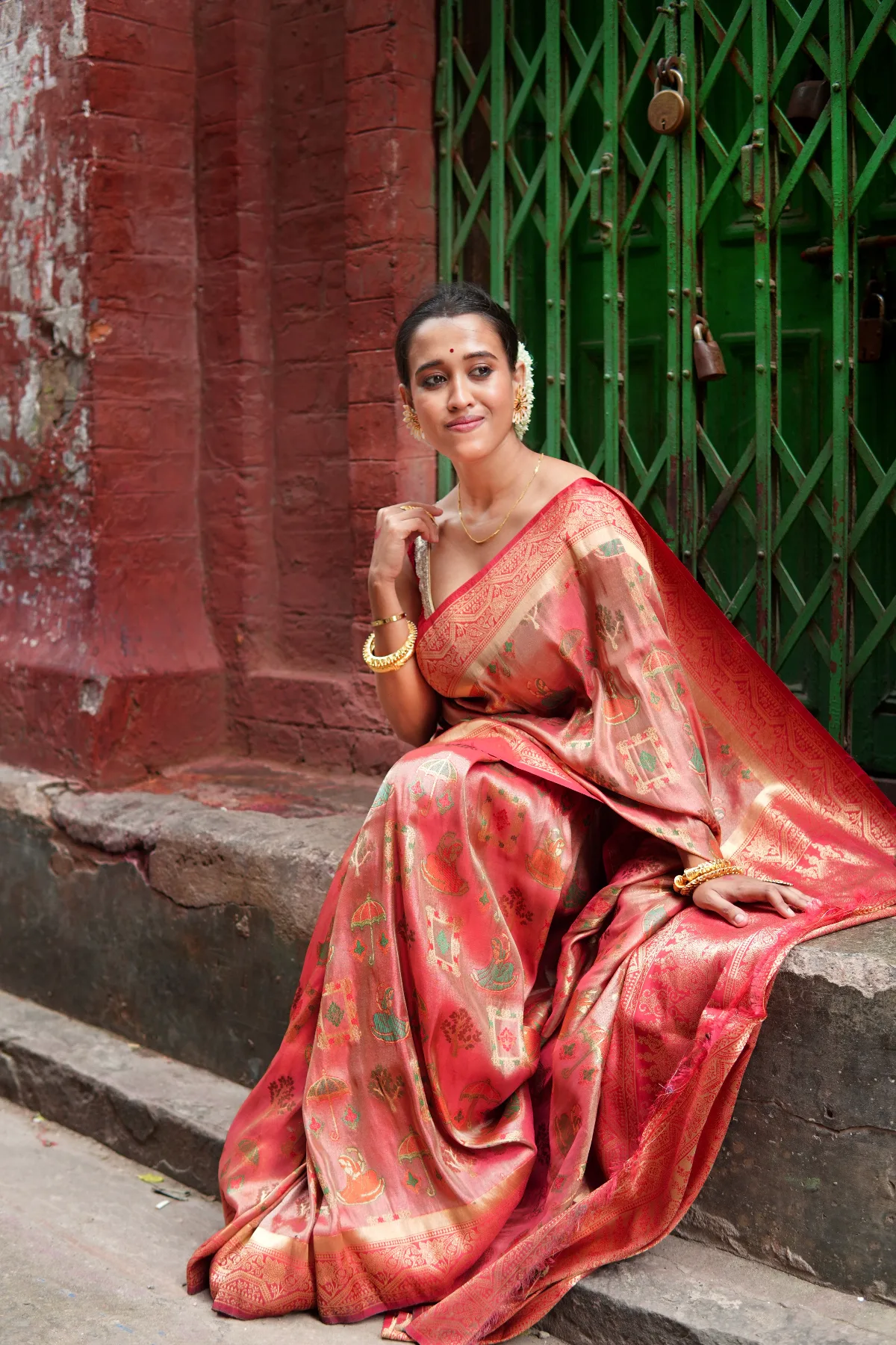 Soma Peach Color Tissue Silk Saree With Varli Weaving